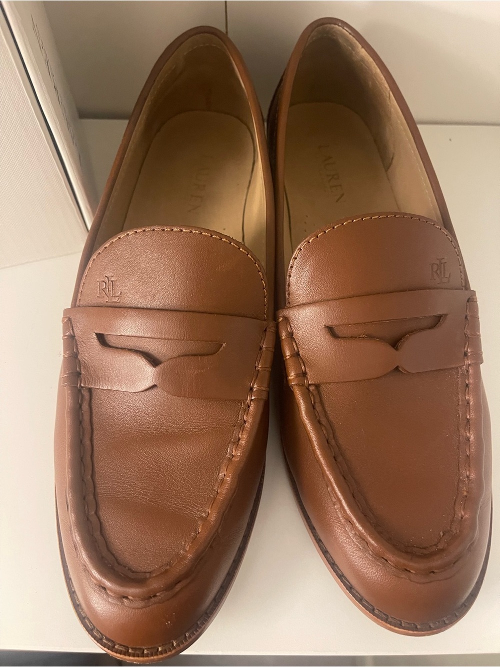 Ralph Lauren women’s Leather Penny Loafers in Cognac Brown - Picture 3 of 6